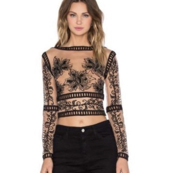 For Love And Lemons Dark Nights Black Sheer Crop Floral Blouse - Picture 1 of 5
